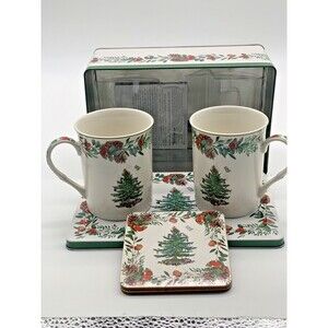 Spode Christmas Tree 5 Piece Set Includes Two 12oz Cups, 2 Coasters, Metal Tin